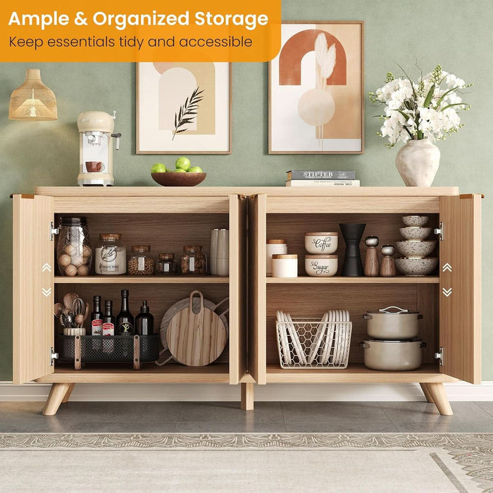 63" Fluted Sideboard Buffet Cabinet with Storage, Modern Curved Wood Credenza Media Console, Heavy Duty Coffee Bar Station with Adjustable Shelves for Kitchen, Living Room, Natural