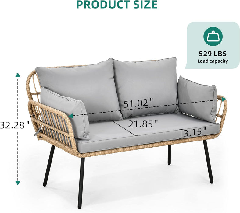 Patio Loveseat, All-Weather Wicker Rattan 2 Seater Sofa with Cushions & Lumbar Pillows, Outdoor Patio Furniture Set for Patio, Balcony, Backyard, Deck, Poolside - Grey