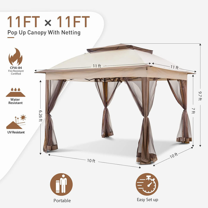 11X11 Pop up Instant Gazebo Tent with Mosquito Netting Outdoor Canopy Shelter with 121 Square Feet of Shade (Beige)