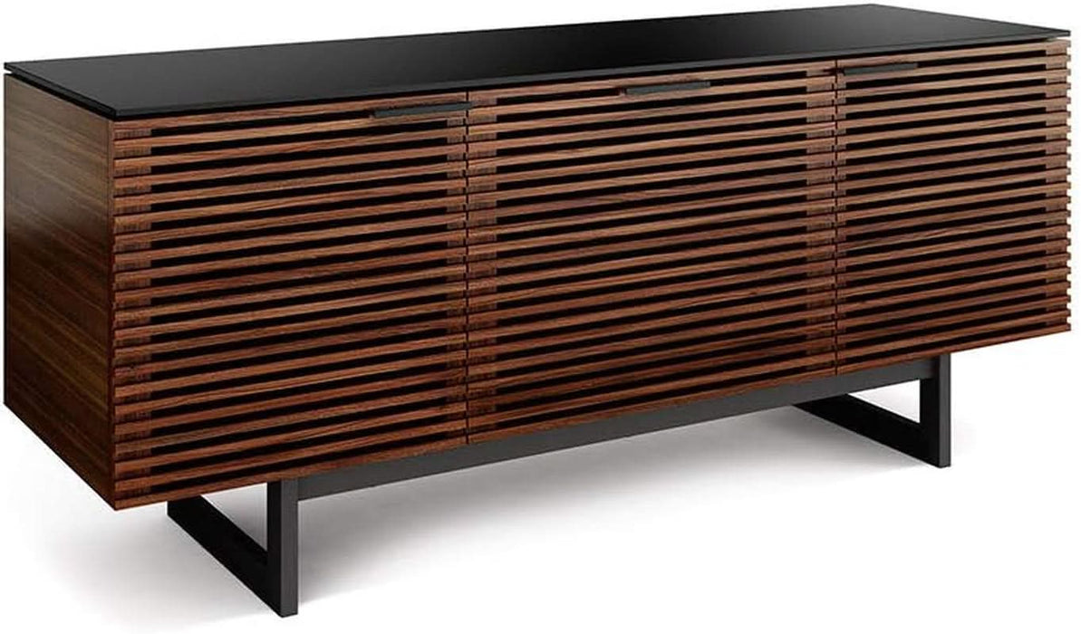 Corridor 8177-65'' TV Stand for Tvs up to 70" with Soundbar Shelf, Storage Drawer, Cable Management, Remote-Friendly Louver Doors, Satin-Etched Glass Top, Chocolate Stained Walnut
