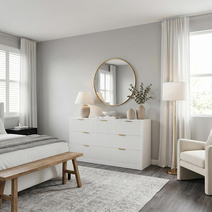 White 7 Drawer Dresser for Bedroom, 55" Wide Fluted Chest of Drawers with Gold Metal Handles, Modern Wood Dresser Closet Storage Organizer Mid Century TV Stand for Living Room Hallway