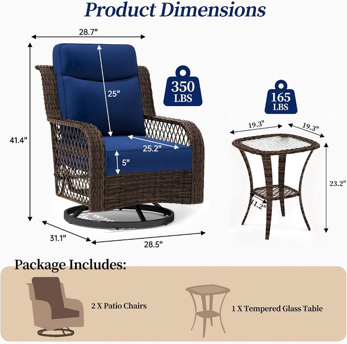 3 Pieces Outdoor Swivel Rocker Chairs with Rattan Side Table