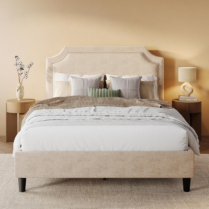 Chenille Queen Size Bed Frame with Belgrave Headboard, Beige
