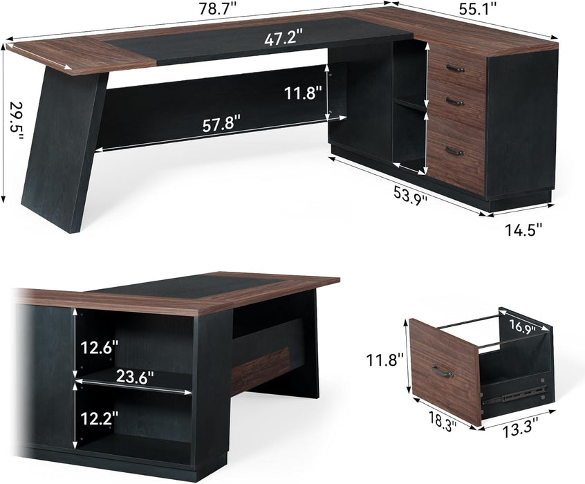78-Inch Executive Office Desk with File Cabinet, Large Modern Corner Office Desk for Home Office, 3-Drawer Wood File Cabinet, Spacious Workstation for Home Office (Brown & Black)