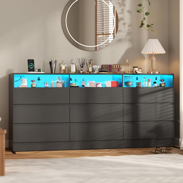 Drawer Dresser for Bedroom with Power Outlet, Black Dressers with LED Light,Dresser Chest of Drawers for Closet,Wood Dressers Organizer Cabinet (Black 9 Drawers)
