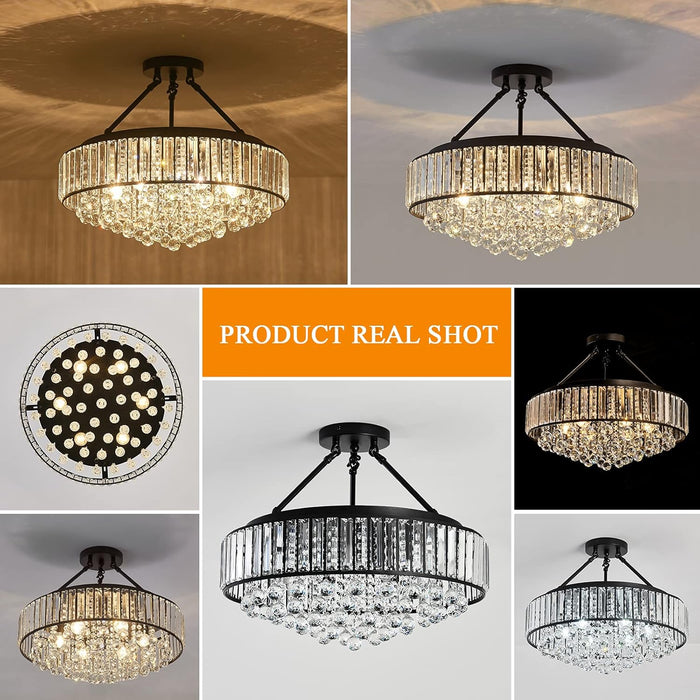6-Light Modern Large Crystal Chandelier Black Metal E26 Semi Flush Mount round Light Fixture Ceiling Lamp Farmhouse for Dining Living Room Laundry Foyer Kitchen Balcony Bedroom