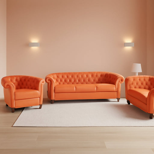 3 Pieces Living Room Furniture Sofa Set, Orange, Chesterfield Style, Velvet Upholstery, Nailhead Trim, Scrolled Arms, 1 Loveseat, 1 Club Chair, 1 Sofa