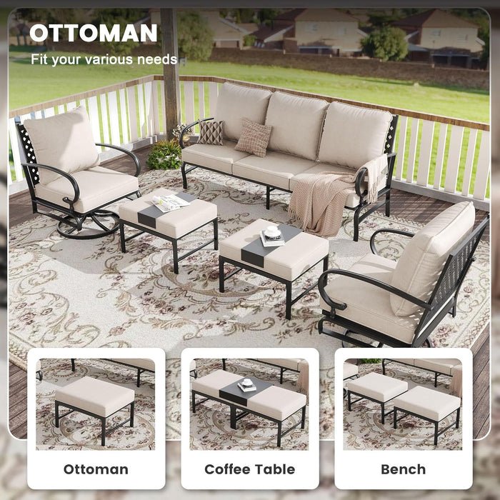 5 Pieces Patio Furniture Set for 7, Outdoor Conversation Set Includes 3-Seat Outdoor Sectional Sofa, 1 Patio Loveseat, 2 Rocking Patio Chairs and 2 Ottomans with Cushions for Garden, Beige
