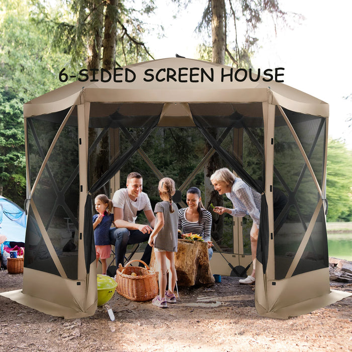 12'X12' Pop-Up Gazebo Outdoor Camping Tent with 6 Sides Mosquito Netting, Waterproof, UV Resistant, Portable Screen House Room, Easy Set-Up Party Tent with Carry Bag, Ground Spike, Khaki