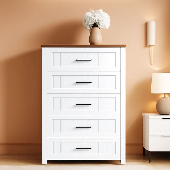 5 Drawer Dresser for Bedroom - Farmhouse 44.9" Tall Chest of Dresser with Large Storage, Rubst Wood Construction for Living Room, Hallway & Entryway - White (White & Brown)