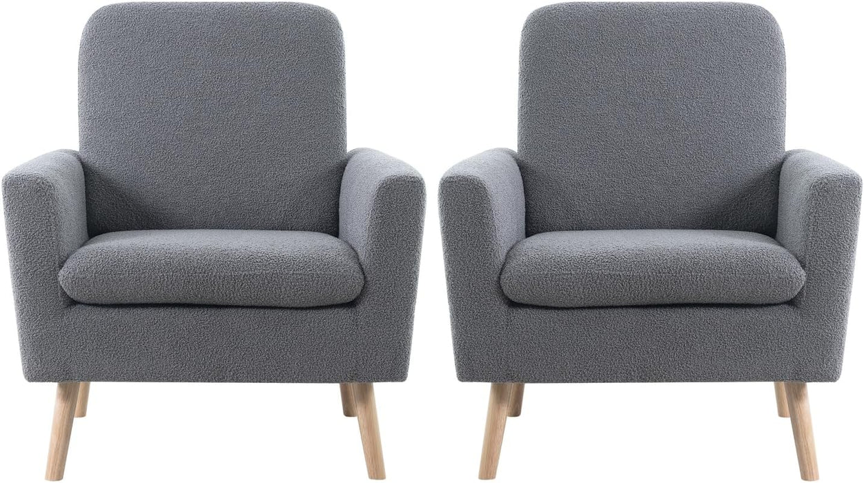 Frida Mid-Century Modern Chair, Durable Wood Frame Accent Chairs for Living Room, Reading Chair with Armrest, Soft Teddy Fleece Accent Chair for Bedroom, Oak Legs Armchair - Gray