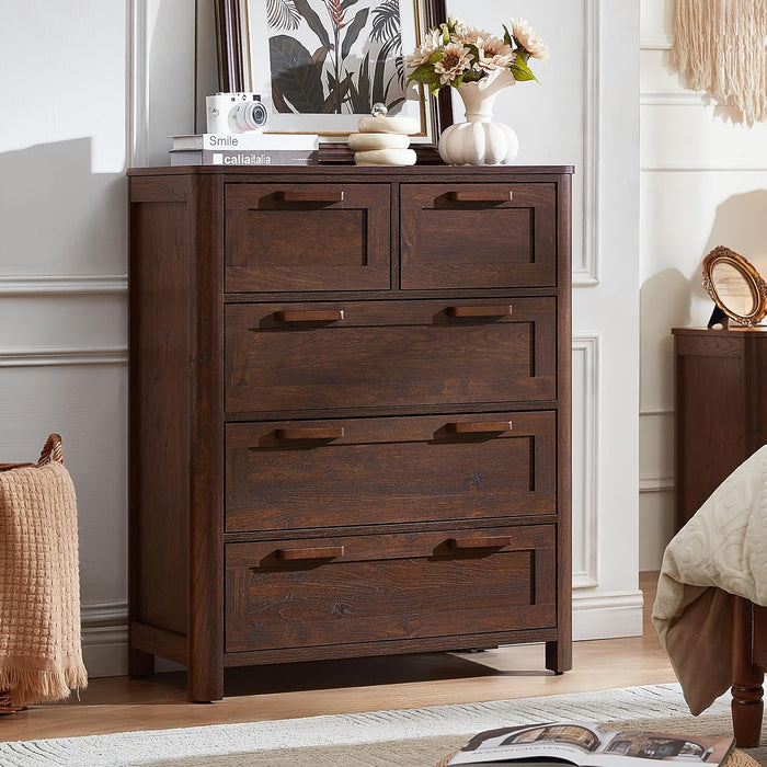 Farmhouse 5 Drawer Dressers for Bedroom, Walnut