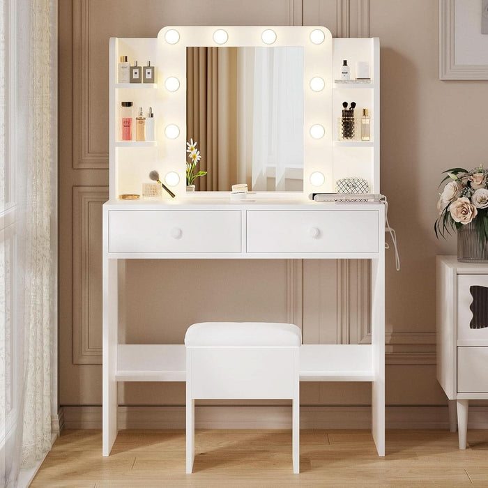 White Vanity Desk with Mirror and Lights, Makeup Vanity with 10 LED Bulbs and 3 Color Modes, Dressing Table Set with Power Outlets, Storage Drawers and Chair for Bedroom