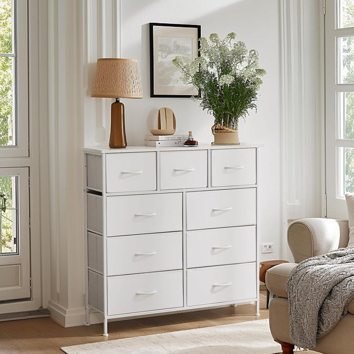 Nine Drawer Fabric Dresser With SteelFrame WalnutFinish