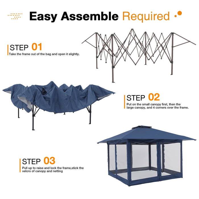 13’X13’Pop up Gazebo, Outdoor Gazebo Tent with W/ Netting Walls, Double Vented Roof Canopy, Navy Blue