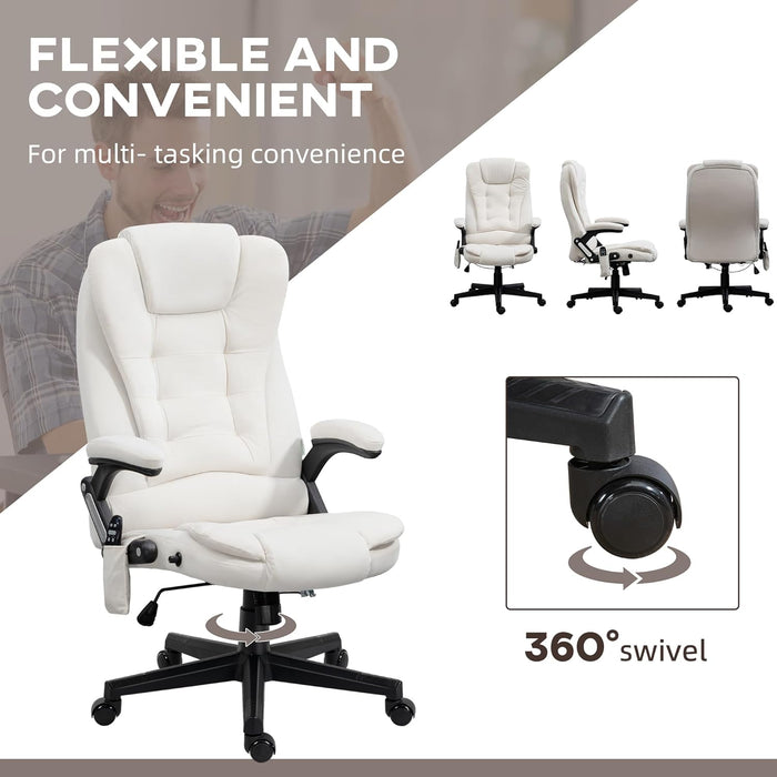 6 Point Vibrating Massage Office Chair with Heat, Velvet High Back Executive Office Chair with Reclining Backrest, Padded Armrests and Remote, Cream White