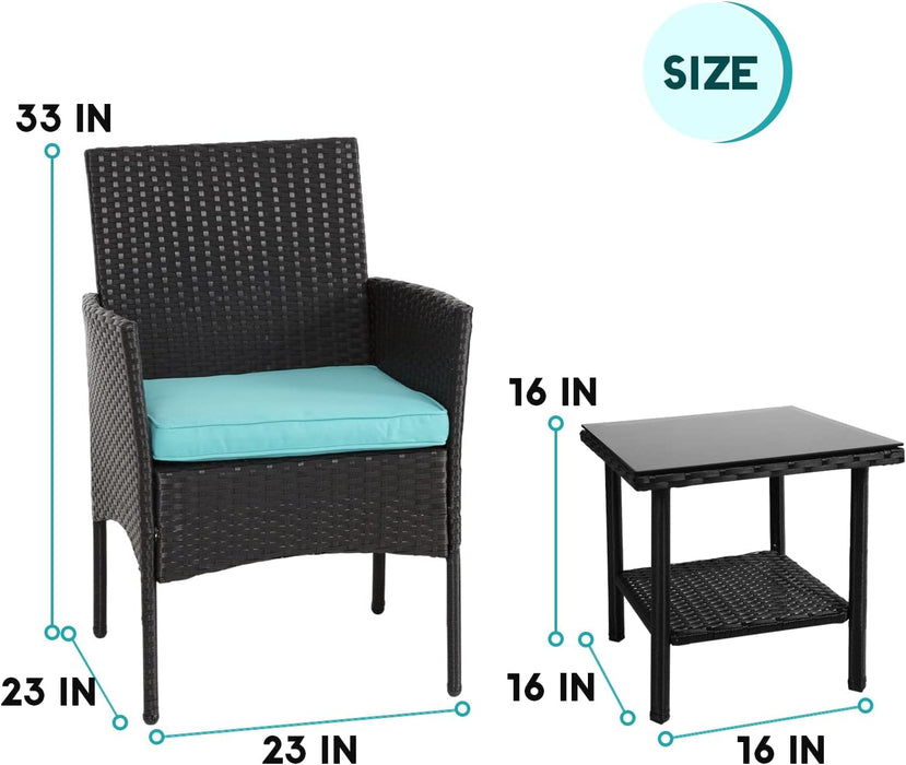 3 Piece Outdoor Furniture Set Patio Wicker Chairs Furniture Bistro Conversation Set 2 Rattan Chairs with Blue Cushions and Glass Coffee Table for Porch Lawn Garden Balcony Backyard