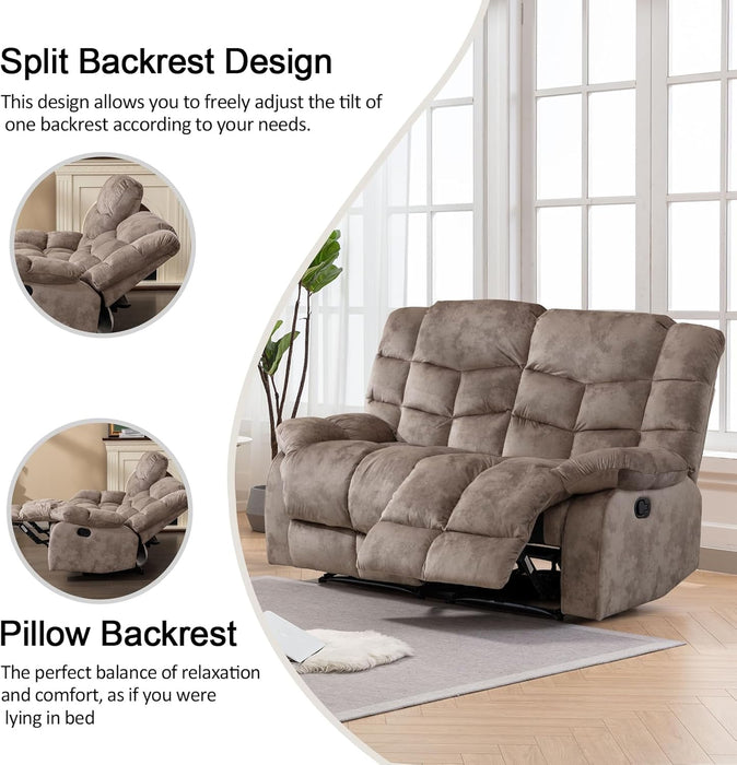 Manual Loveseat Recliner, 2 Seat Recliner Sofa Chair with Armrest and Overstuffed Backrest, Couch Set for Living Room, Bedroom, Office, Light Brown