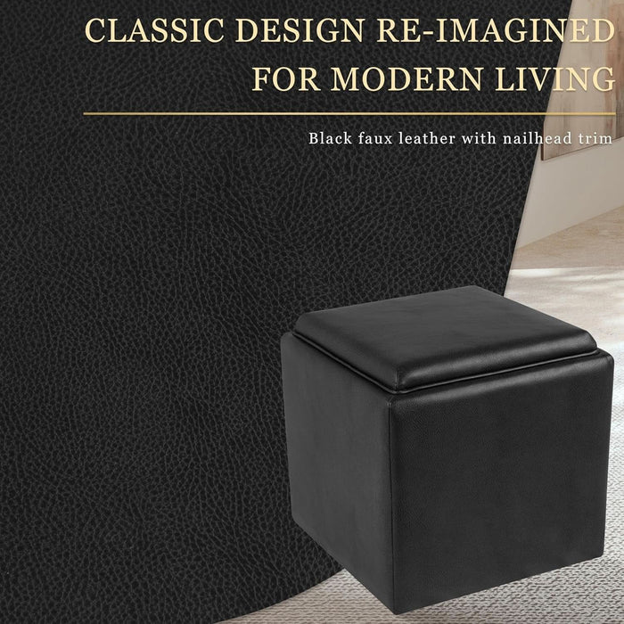 Home Decor Storage Ottoman with Tray Top|Upholstered Modern Square Storage Ottoman with Storage for Living Room & Bedroom, Black Faux Leather