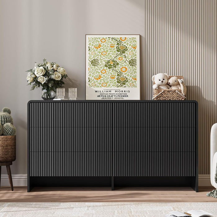 55" Wide Modern Curved 6 Drawer Dresser，Black