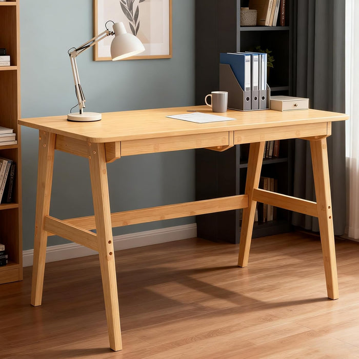 Writing Computer Desk 46" Bamboo Home Office Table with 2 Drawers, Modern Furniture Simple Study Makeup Workstation