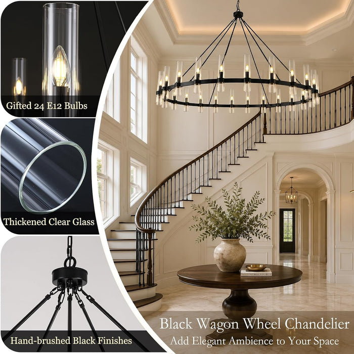 70" 24-Light Black Wagon Wheel Chandelier for High Ceilings Living Room
