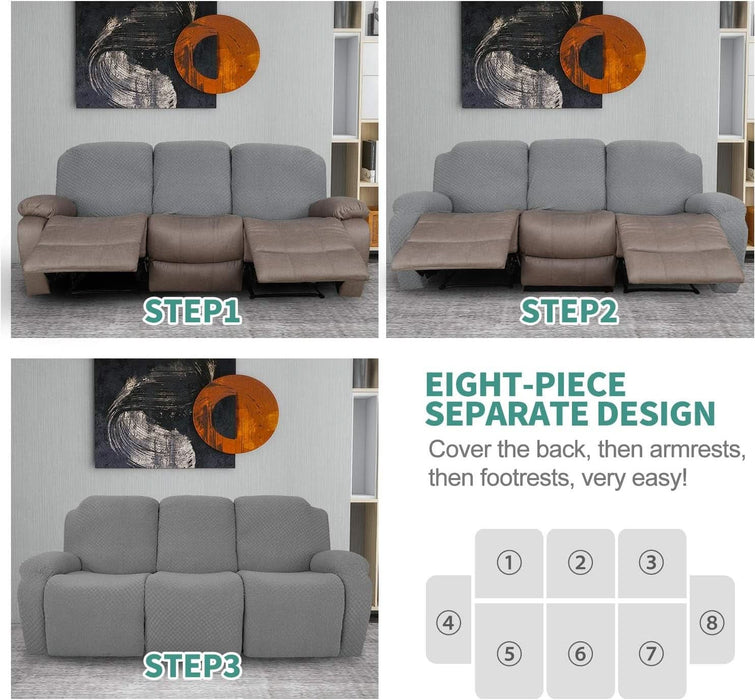 8 Pieces Stretch Recliner Sofa Cover Latest Jacquard Reclining Couch Cover with Side Pocket Anti-Slip Fitted 3 Cushion Furniture Slipcovers with Elastic Bottom (Sofa Recliner, Light Gray)