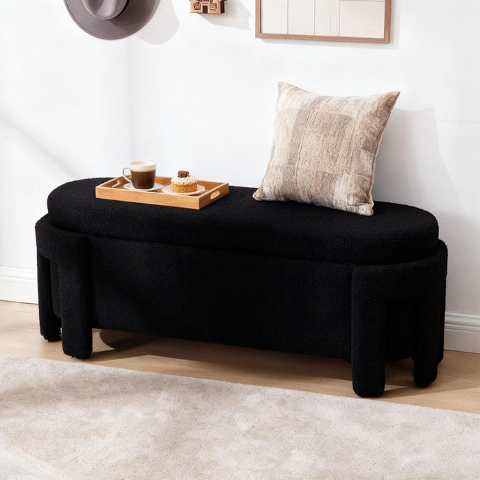 50" Ottoman Storage Bench, Modern End of Bed Bench with Upholstered Seating, Comfy Cute Oval Entryway Bench for Living Room/Bedroom/Entrance/Hallway, Sherpa Black