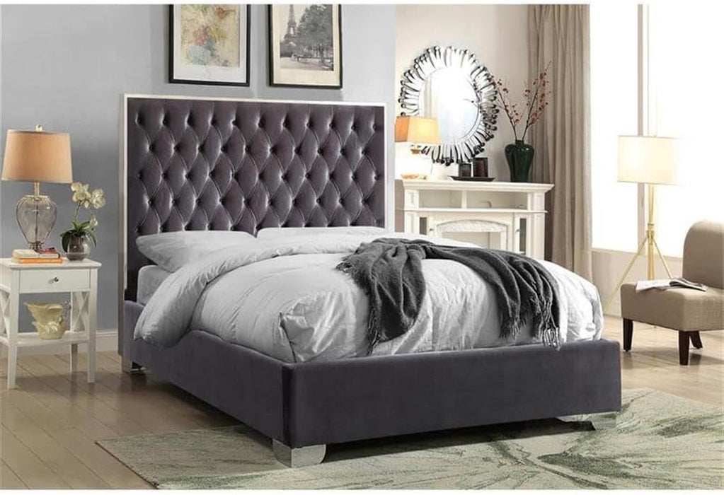 Lexi Collection Modern | Contemporary Velvet Upholstered Bed with Deep Tufting, Polished Chrome Stainless Steel Frame and Legs, Queen, Grey
