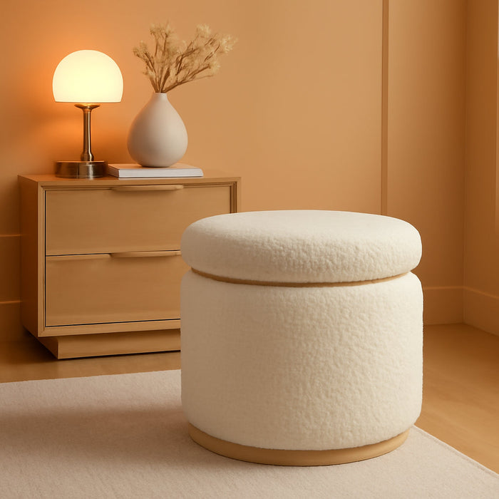 Home Décor Cream Sherpa round Storage Wooden Base by  Lexington Ottoman (AMZN2305)