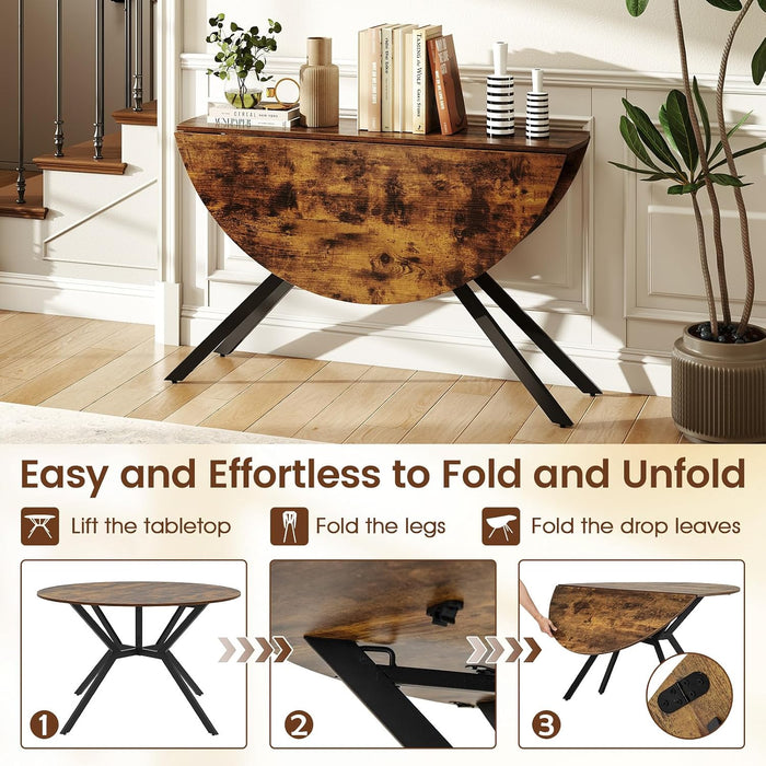 Folding Dining Table for 4, 47" round Kitchen Table for Small Space | Drop Leaf Kitchen Table W/Sturdy Metal Frame, Space-Saving Expandable Dinner Table for Dinette, Living Room, Apartment, Brown