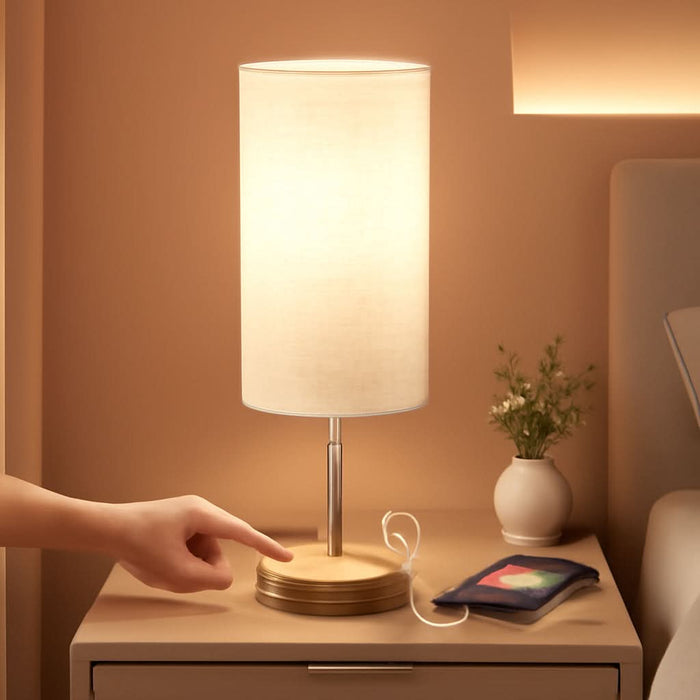 Touch Bedside Table Lamp with USB - 3 Way Dimmable Wood Lamp for Bedroom Nightstand, Desk Lamp with Charging Station for Dorm, Living Room, Office, Kids Room, Small, 14In