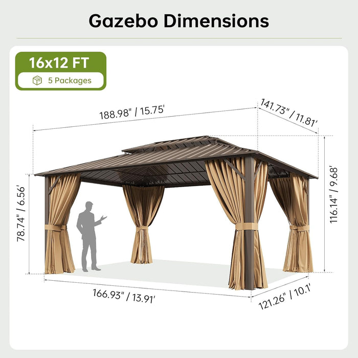 12X16Ft Hardtop Gazebo, Metal Frame with Double Galvanized Steel Roof, Permanent Outdoor Pergola with Curtains and Netting Included for Backyard, Patio, Lawn and Garden, Brown