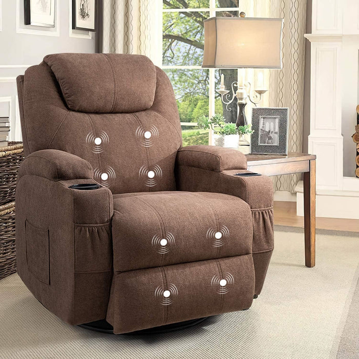 Rocking Chair Recliner Chair with Massage Swivel Ergonomic Lounge Chair Classic Single Sofa with 2 Cup Holders Side Pockets Living Room Chair Home Theater Seat (Brown)