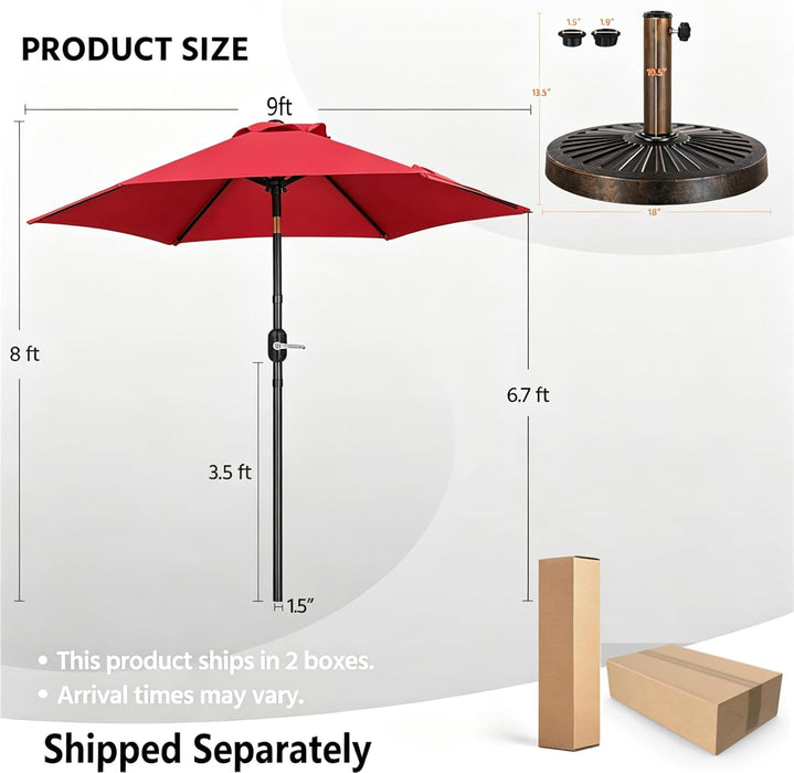 9FT Patio Umbrella Outdoor with Heavy Duty Base Included,Table Umbrella with Push Button Tilt and Crank, UV Protection Waterproof for Yard/Outdoor/Wedding Parties and Events - Red