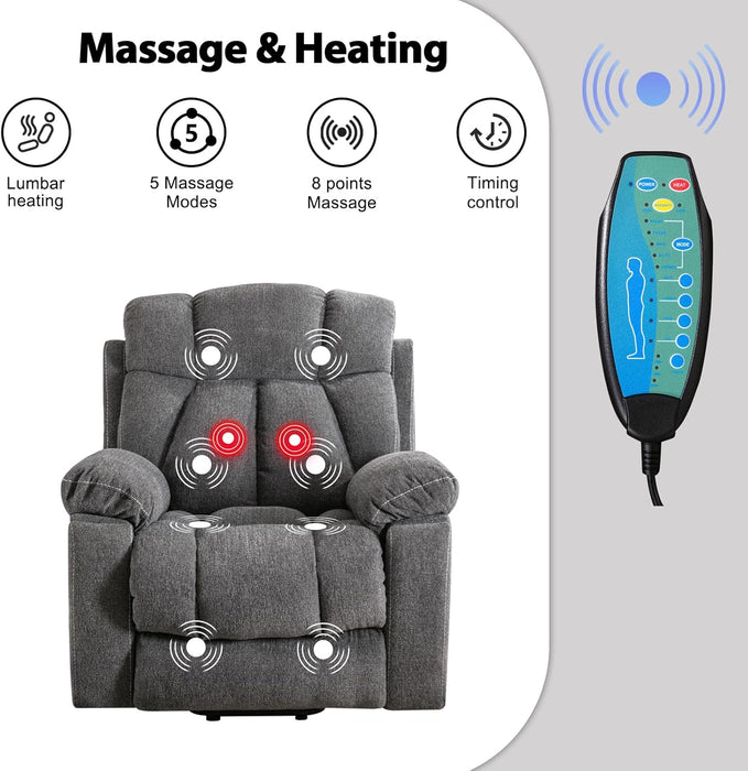 Large Power Lift Recliner Chair with Massage and Heat for Elderly, Overstuffed Wide Recliners with 2 Cup Holders, Side Pocket and USB Port, Dark Gray