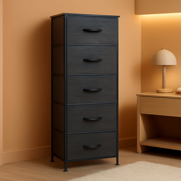 Fabric Dresser, 5-Drawer Tall Dresser for Bedroom, Storage Dresser Organizer with Fabric Bins, Wood Top, Sturdy Steel Frame, Chest of Drawers for Closet, Hallway, Charcoal Black Wood Grain Print