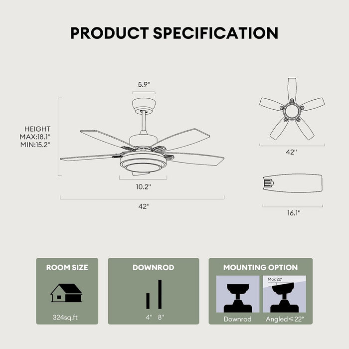 Ceiling Fans with Lights and Remote Control, 42 Inch Flush Mount Ceiling Fan with Quiet Reversible DC Motor, Dimmable LED Lighting, 6 Speeds, Timer, Nickel Ceiling Fan for Bedroom Living Room