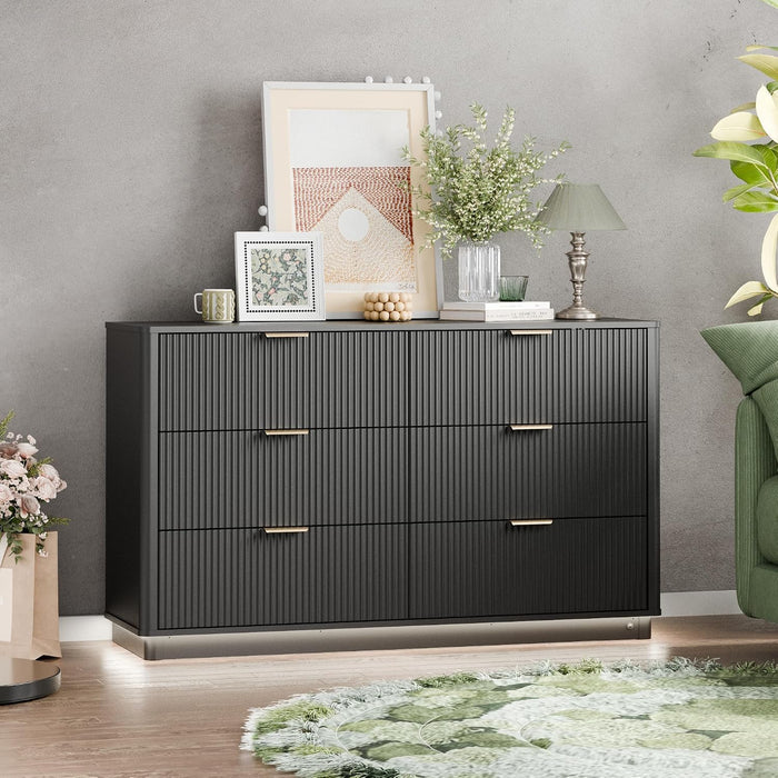 Fluted Dresser for Bedroom with 6 Drawers, 54" Wide Modern Chest of Drawers with Lighting, Wooden Dresser TV Stand with Curved Edges, Closet Organizer for Living Room, Hallway, Black