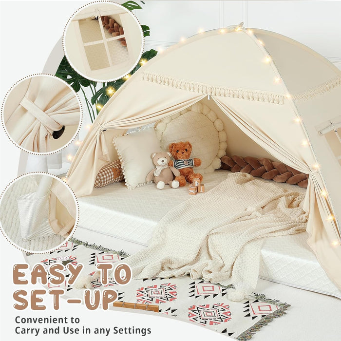 Toddler Canopy Lights & Flags Indoor Floor Bed Kids Tent Playhouse Portable & Foldable Twin Bunk Bed Curtains Girls & Boys House Bedroom Privacy Space Sleeping Tents Gifts Golden Beige Large Size