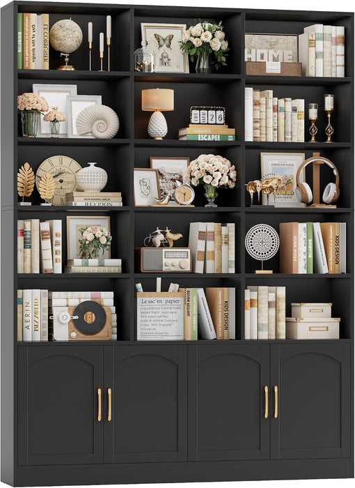 82.3" Triple Wide Bookshelf, Tall Bookcase with 4 Doors, Black