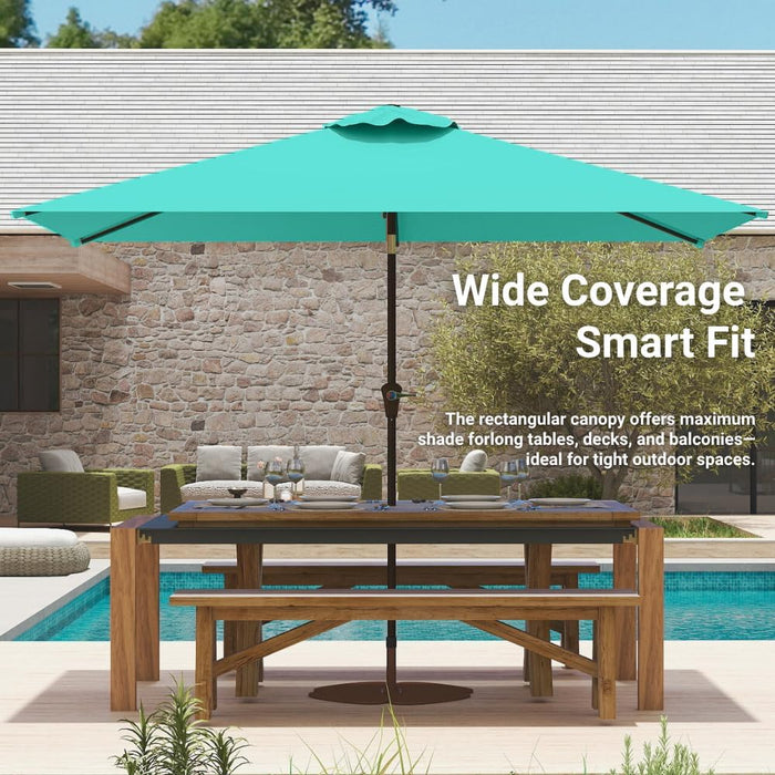 6.5' X 10' Rectangular Patio Umbrella Large Outdoor Market Umbrella W/ UV Protection, Push Button Tilt and Crank Lift, Rectangle Table Umbrella for Garden, Deck, Pool, Patio, Turquoise Blue