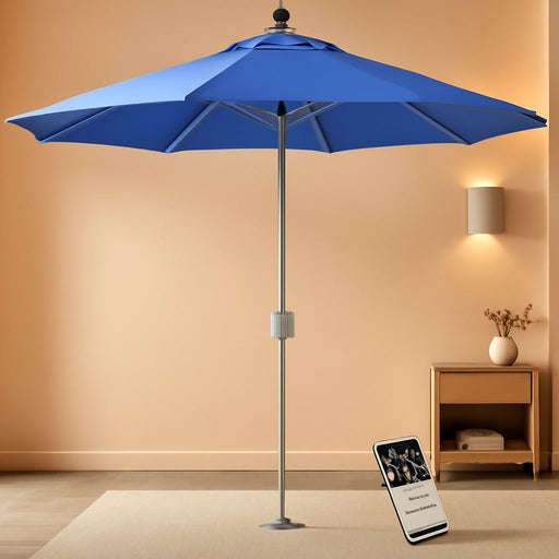 9 FT Motorized Patio Umbrella, Remote Outdoor Umbrella with Heavy Duty Aluminum Frame, Removable Power Bank and Push Button Tilt for Backyard, Pool, Garden, Beach, Blue