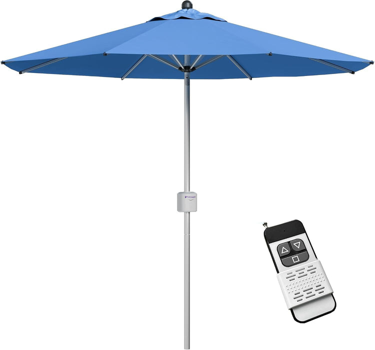 9 FT Motorized Patio Umbrella, Remote Outdoor Umbrella with Heavy Duty Aluminum Frame, Removable Power Bank and Push Button Tilt for Backyard, Pool, Garden, Beach, Blue