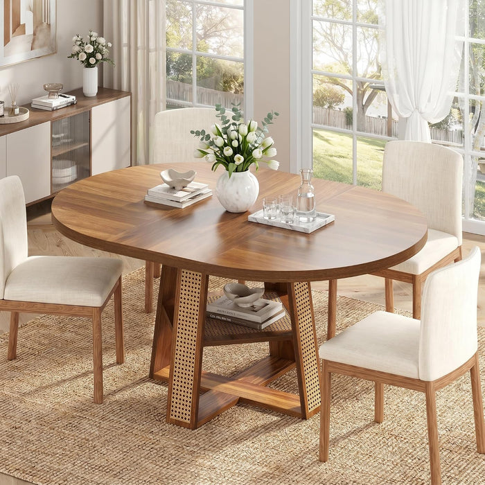 43"-59" Extendable round Dining Table for 4-8, Cross Leg | Modern Kitchen Oval Dining Table with Removable Leaves, Wood Base with Storage Shelf for Kitchen Living Room, Walnut