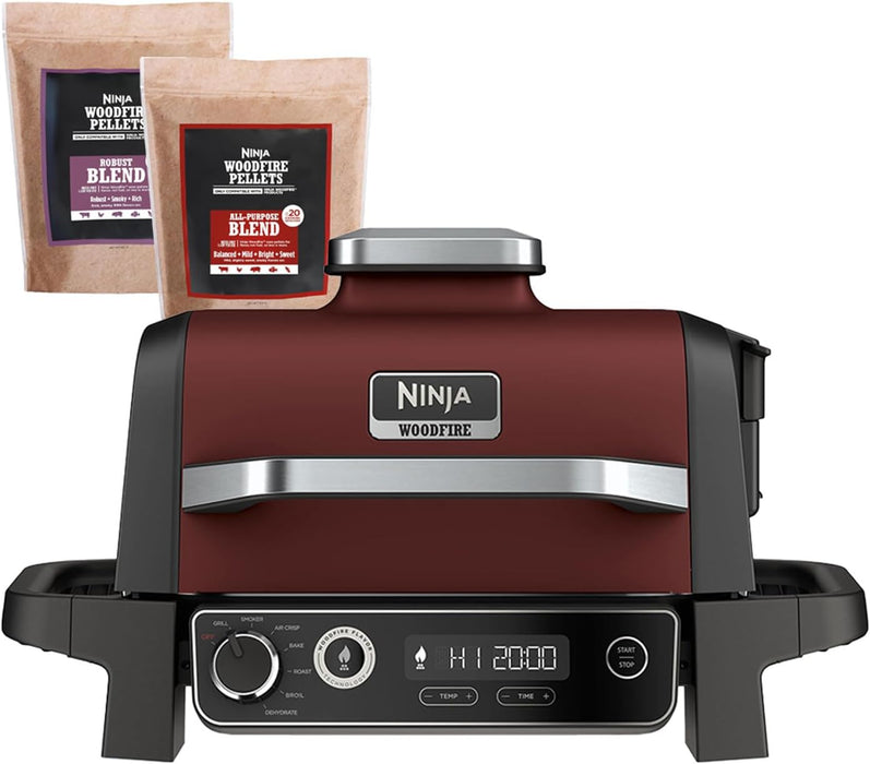 Ninja OG701 Woodfire Outdoor Grill & Smoker, 7-In-1 Master Grill, BBQ Smoker, Air Fryer plus Bake, Roast, Dehydrate, & Broil, Uses Woodfire Pellets(1 Pack Included), Portable, Electric, Red