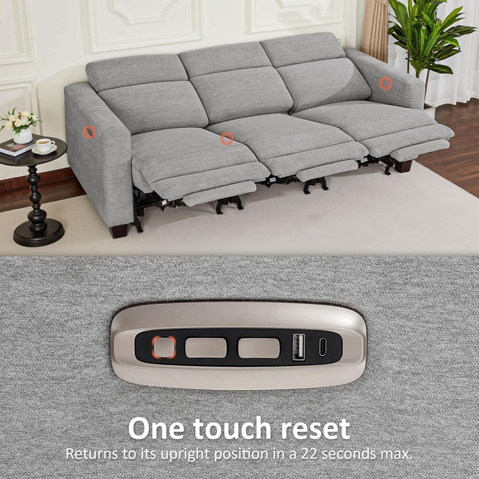 88.6'' Reclining Sofa, Wall Hugger Power Recliner Sofa with Adjustable Headrest, USB a & C Charge Ports, Wood Legs, for Living Room (Fabric, HL198M3) (Grey, 3-Seater)
