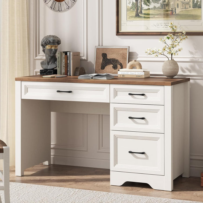 Farmhouse Executive Desk with Drawers, Home Office Desk with File Drawer, Wood Computer Desk with Ample Storage, Rustic Office Desk with Spacious Tabletop for Work, White