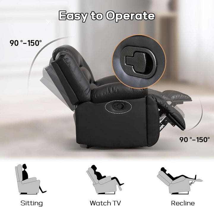 Faux Leather Manual Reclining Sofa with 2 Concealed Cup Holders, Overstuffed Armrest 3 Seat Recliner Sofa, Couch for Living Room, Meeting Room, Bedroom, Black