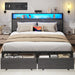 Queen Bed Frame with Charging Station, LED Lights, 2 Drawers, Rustic Grey